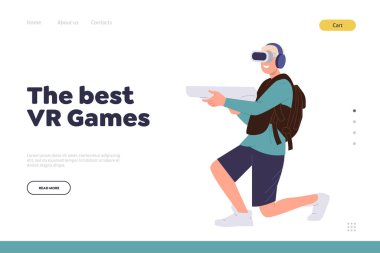En iyi VR oyunları iniş sayfası tasarımı şablonu. Sanal gerçeklik gözlüklü heyecanlı çocuk oyuncu çizgi film karakteri silah vektör illüstrasyonlu kulaklık çekimi. Geliştirilmiş simülasyon video oyunu web sitesi