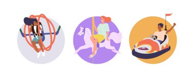 Eğlence parkı cazibesini çarpışan araba olarak kullanan mutlu, heyecanlı insanlarla izole edilmiş yuvarlak kompozisyon seti. Beyaz arka planda izole edilmiş yuvarlak atlı karınca ve mancınık vektör çizimi ile evlen.