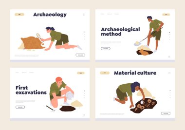 Arkeolojik araştırma ve bilim araştırmaları için reklam sayfası seti. Tarihi eserler için profesyonel arkeolog hizmeti sunan web sitesi vektör illüstrasyonu