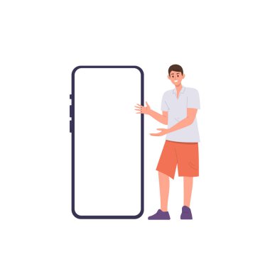 Küçük mutlu genç çocuk karakteri beyaz arka planda izole bir şekilde duran boş bir cep telefonu ekran modeline işaret ediyor. Reklam vektörü illüstrasyonu için akıllı telefonda el kol hareketi yapan adam.