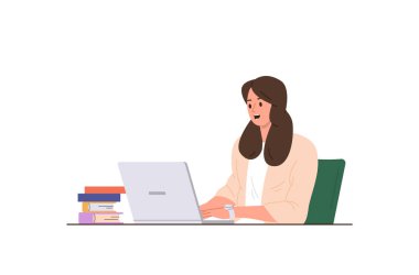 Çevrimiçi çalışan ya da çalışan mutlu kadın karakter pazarlama araştırması yapıyor dizüstü bilgisayarla dijital projeler başlatıyor masa başı vektör illüstrasyonunu beyaz arka planda izole ediyor.