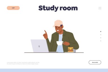 Çalışma odası çevrimiçi iniş sayfası dizaynı dizüstü bilgisayar kullanan mutlu hipster öğrenciyle birlikte. Uzak lise, üniversite, üniversite, halk için internet sitesi illüstrasyonları