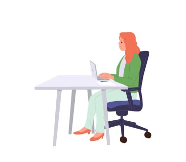 Genç iş kadını ofis müdürü seo uzman çizgi film karakteri dizüstü bilgisayarda sohbet ediyor online proje üzerinde çalışıyor masa başında oturuyor, vektör illüstrasyonu beyaz arka planda izole edilmiş.