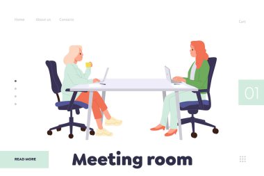 Toplantı odası iniş sayfası tasarım şablonu. Çizgi film kadın iş arkadaşı karakterleri sanal konferans düzenliyor dizüstü bilgisayarın internet sitesi platform çizimi üzerinde iş görüşmelerine öncülük ediyorlar