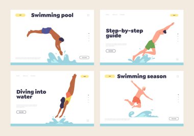 İzole iniş sayfası tasarımı yüzme havuzu partisi eğlencesi ya da turistler için plaj eğlencesi, otel ziyaretçileri için reklam şablonu. Suya atlayan gençlerin vektör illüstrasyonu