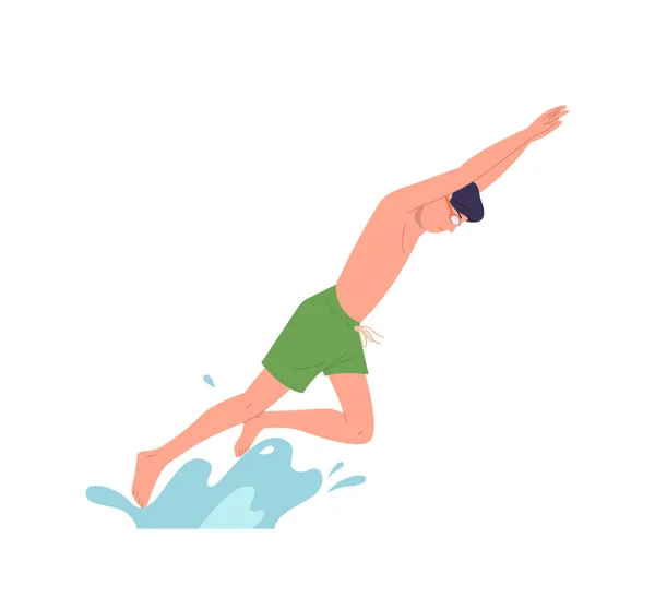 Personaggio Nuotatore Uomo Concentrato Pantaloncini Bagno Occhialini Che Saltano Mare — Vettoriale Stock