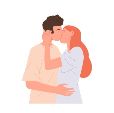 Mutlu, genç bir çift öpüşüyor ve tutkuyla sarılıyor beyaz arka planda tek başına ayakta duruyor. Vektör illüstrasyon kız arkadaş ve erkek arkadaş karakterleri hayranlık duyuyorlar.