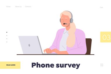 İnternet üzerinden arama hizmeti iniş sayfası tasarımı şablonu. Çizgi film operatörü kadın karakter iş yerinde kulaklık takıyor. Şirket web sitesi müşteriye uzak profesyonel yardım ve destek sunuyor
