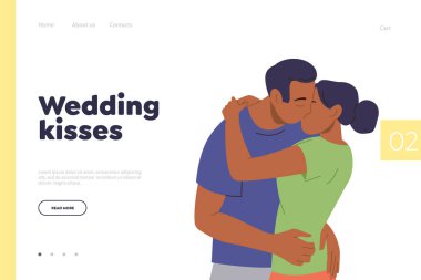 İniş sayfası şablonu için düğün öpücüğü konsepti. Mutlu yeni evli çiftler kucaklaşıyor. Tutkulu evli erkek ve kadın. Genç aile, yıldönümü web sitesi illüstrasyonunu kutluyor.