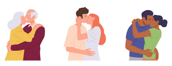 Isolated set of loving couple of different age kissing and hugging together on white background. Vector illustration of sweat lovers cuddling and embracing with passion enjoying romantic relationships