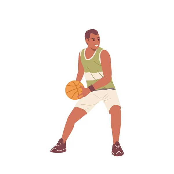 Active Young Man Basketball Player Cartoon Character Standing Passing Ball — Stock Vector