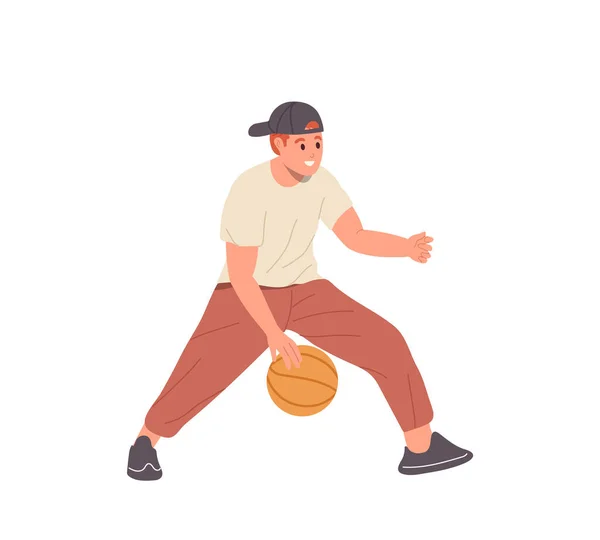 Jugador Baloncesto Joven Personaje Dibujos Animados Planos Masculinos Goteando Con — Archivo Imágenes Vectoriales