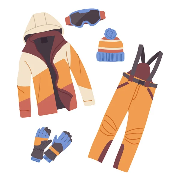冬季极限运动穿的是白色的休闲服 滑雪夹克 帽子和护目镜面具的矢量图解 时尚时尚的防水高山套装 — 图库矢量图片