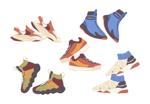 Изолированный Набор Спортивных Кроссовок Пара Фитнес Спортивная Обувь Коллекции Векторной — стоковый вектор