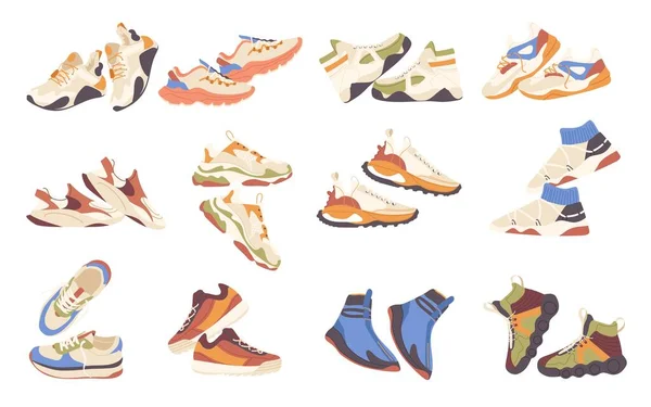 Conjunto Isolado Tênis Moda Moderna Coleção Sapatos Esportivos Botas Para —  Vetores de Stock