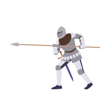 Cesur güçlü zırhlı ortaçağ şövalyesi düz çizgi film karakteri beyaz arka planda izole bir şekilde tutarak saldırıyor. Eski savaşçı şövalyelik turnuvasına katılıyor.