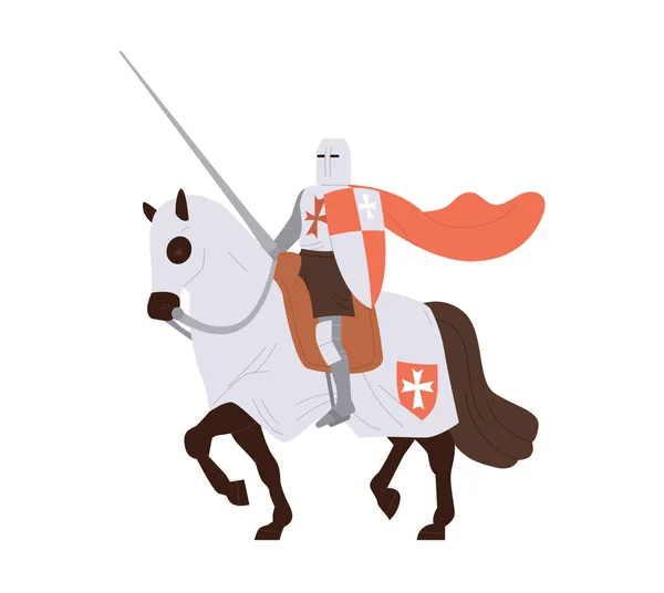 Королівський Середньовічний Лицар Мультфільм Персонаж Тримає Пік Меча Щит Верхової — стоковий вектор