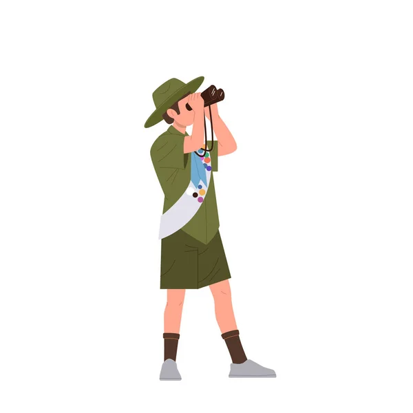 Jovem Estudante Explorador Olheiro Personagem Desenho Animado Vestindo Uniforme Olhando —  Vetores de Stock