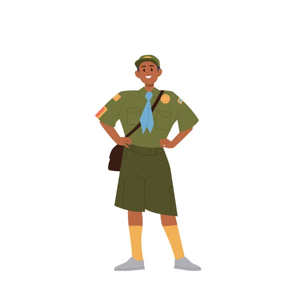 Orgulhoso Corajoso Menino Feliz Scout Personagem Desenho Animado Vestindo Uniforme — Vetor de Stock