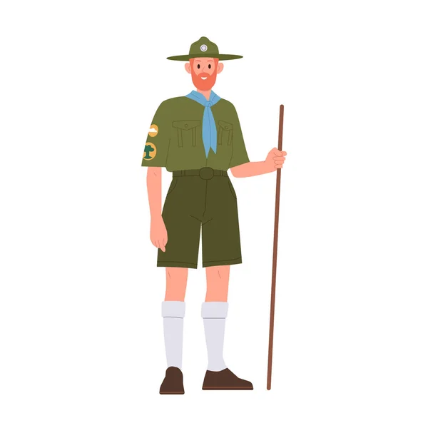 Leader Teacher Scout Cartoon Character Wearing Uniform Standing Wooden Trekking — Stock Vector