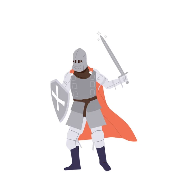 Medieval Knight Flat Cartoon Character Fighting Sword Shied Isolated White — Stock Vector