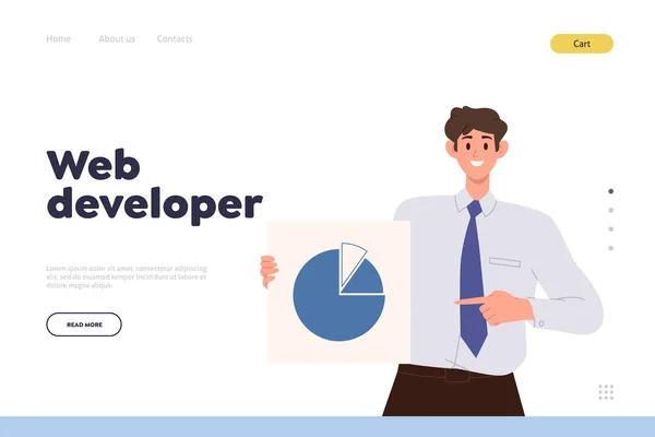 Web Developer Landing Page Template Happy Seo Analytics Character Showing — Stock Vector