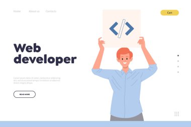 Web geliştiricisi online servis iniş sayfası şablonu ve mutlu yaratıcı erkek karakter tasarımı. İş dünyası için profesyonel dijital proje geliştirme sunan şirket veya serbest platform web sitesi