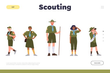 Scouting landing page design template for online summer club, school or outdoor training class service. Website vector illustration with happy excited schoolchildren and teacher exploring nature clipart