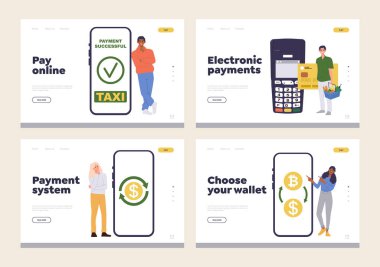Cep telefonunda elektronik ödeme sistemi, şifreli e-cüzdan ve alışveriş ve satın alma için online bankacılık hizmeti Mutlu müşteri kullanıcı karakterleri ile iniş sayfası tasarımı şablonu