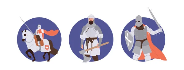 Ortaçağ Şövalyelerinin Zırhlı Silahlarıyla Izole Edilmiş Yuvarlak Çerçeve Kompozisyonu Turnuvada — Stok Vektör