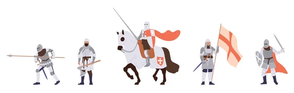 Изолированный Набор Средневековых Вооруженных Рыцарей Мультяшный Персонаж Стальных Доспехах Мечом — стоковый вектор