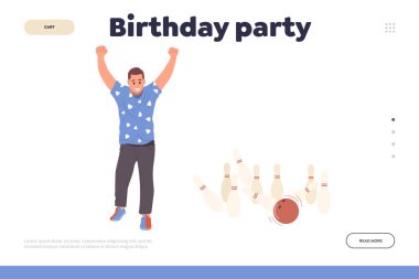 Bowling kulübü organizasyonunda doğum günü partisi. İniş sayfası tasarımı web sitesi şablonu. Mutlu adam bowlingci çizgi film karakteri grev skorunu kutlayan web afişinin vektör çizimi