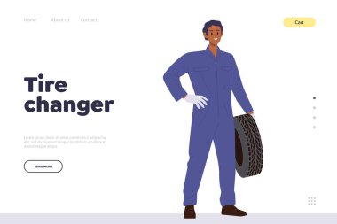 İniş sayfası şablonu için lastik değiştirici tasarımı profesyonel araba tekerleği montajı hizmeti sunuyor. Otomatik mekanik karikatür karakteri tulum giyiyor ve otomotiv lastiği çizimi yapıyor.