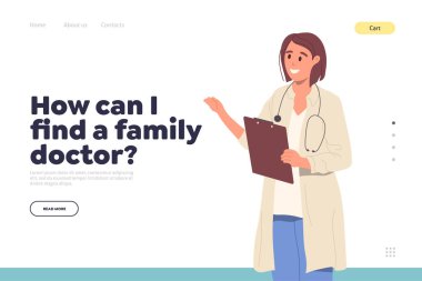 İnternet servis şablonu, aile doktoru terapisti bulmak için bilgi veriyor. Arama için web sitesi pankart vektör illüstrasyonu, herhangi bir amaç için profesyonel tıbbi personel seçmek