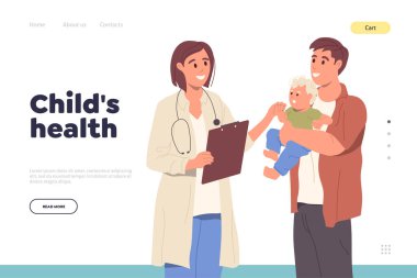 Çevrimiçi hizmet iniş sayfası, profesyonel çocuk sağlığı desteği sağlama şablonu. Hastane kliniğinin pediatri departmanının internet afişi. Çocuk ve doktor tasarımı ile mutlu ebeveyn