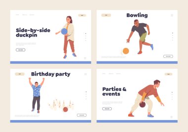 Yaratıcı parti organizasyonu sunan etkinlik ajansının internet hizmeti için iniş sayfası tasarım şablonu. Web sitesi reklamı doğum günü tatili, bowling kulübünün oyun alanında eğlence eğlencesi