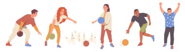 Oyun kulübü eğlence merkezinde bowling oynayan mutlu insanlar çizgi film karakteri. Erkek ve kadın aktif pozda durur top atar veya yuvarlar, başarıyı kutlar ve vektör illüstrasyonunu kazanırlar.