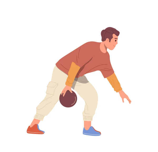 Aktive Mann Cartoon Figur Stehend Wurfball Spielen Bowling Genießen Indoor — Stockvektor