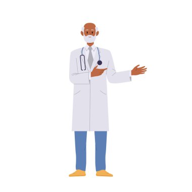 Kıdemli doktor, vektör illüstrasyonunu gösteren steteskoplu beyaz önlüklü çizgi film karakterini izole etti. Gri saçlı terapist, pratisyen, çocuk doktoru ya da cerrah portresi. İnsanların mesleği