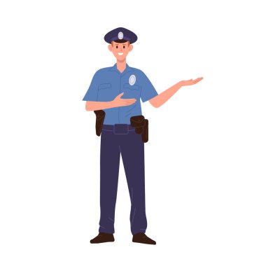 Üniformalı polis karakteri beyaz arka planda tek başına dikiliyor. Polis, polis, koruma ve güvenlik güçlerinin vektör çizimi. Meslek kavramı