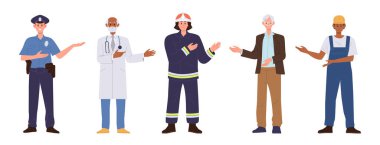 Ayrı bir grup yetişkin insan beyaz arka planda farklı meslekleri olan çizgi film karakterleri. Polis memuru, doktor, öğretmen profesör, itfaiyeci ve işçi teknisyeninin vektör çizimi