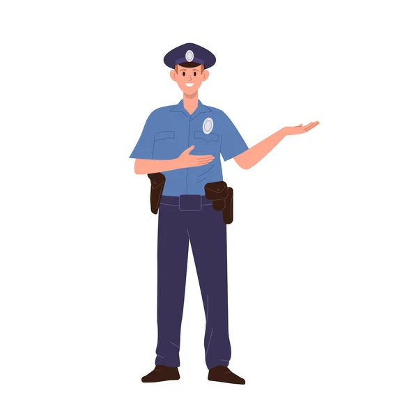 白い背景に隔離された立場を指すユニフォームを着用した警察官漫画キャラクター 警備員 警備員のベクトルイラスト 人材プロフェッショナルコンセプト — ストックベクタ