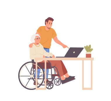 Genç adam, tekerlekli sandalyedeki yaşlı anneye dizüstü bilgisayarı kullanmayı ya da çalıştırmayı ve beyaz arka planda izole edilmiş internet teknolojisiyle uğraşmayı öğretiyor. Emekli vektör illüstrasyonuna yardım ve bakım