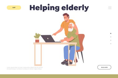 Sayfa tasarımı web sitesi afişi, yaşlılara sosyal gönüllü hizmeti sunma şablonu. Vektör illüstrasyon genç adam yeni dizüstü bilgisayar teknolojisi ve internet ile başa çıkmak için yaşlılara yardım
