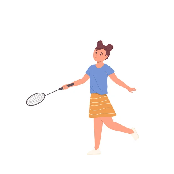 白い背景に隔離されたバドミントンをプレイするラケットを保持する幸せな少女の子供漫画のキャラクター サマータイムパークアクティビティを楽しむ屋外ゲームを練習する女性の子供のベクトルイラスト — ストックベクタ