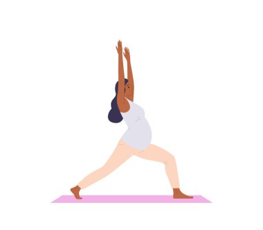 Genç hamile kadın çizgi film karakteri yoga yapıyor. Asana pozisyonunda duruyor. Beyaz arka planda izole edilmiş. Kadın denge egzersizi yaparken aktif hamileliğin tadını çıkarmanın vektör çizimi