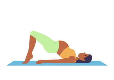 Spor giyim bölümünde yoga yapan sağlıklı, aktif ve hamile bir kadın köprü pozu veriyor. Beyaz arka planda izole edilmiş mat vektör çizimi üzerinde duruyor. Anne, bebek sağlığı doğum öncesi eğitim konsepti
