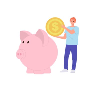 Mutlu adam çizgi film karakteri para biriktirip domuz kumbarasına para koyuyor ve beyazın üzerinde tek başına duruyor. Mali ekonominin vektör illüstrasyonu, nakit yatırımı, gelir yönetimi