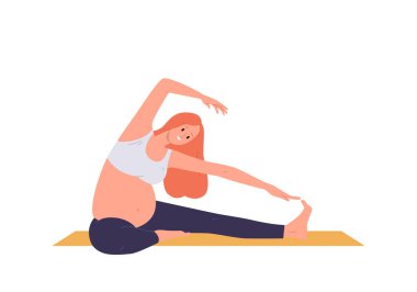 Genç hamile kadın çizgi film karakteri yoga esneme egzersizi yapıyor minder üzerinde oturuyor beyaz arka planda koldan bacağa izole halde oturuyor. Aktif hamilelik, sağlıklı yaşam tarzı vektör çizimi