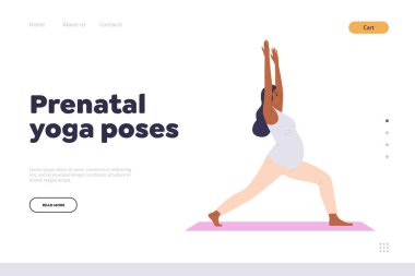 Doğum öncesi yoga, doğum bekleyen bir kadın için online eğitim sunan iniş sayfası tasarımı şablonu oluşturuyor. Hamilelik boyunca kadınlar için rahatlatıcı egzersiz sağlayan web sitesi vektör illüstrasyonu